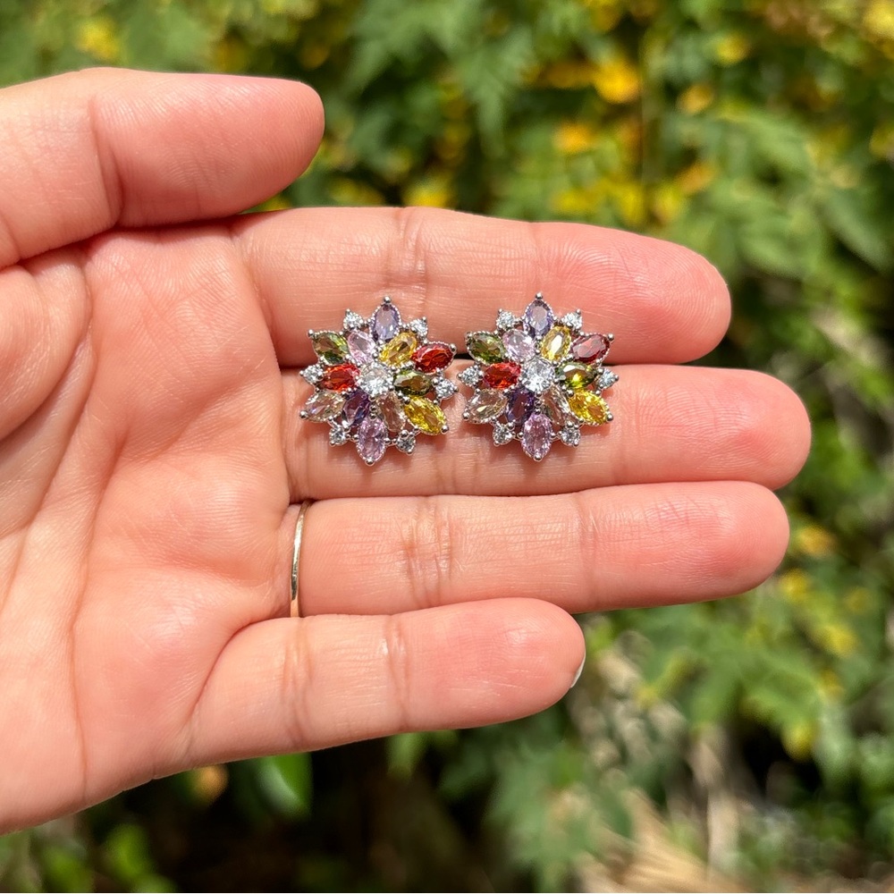 18K White Gold Plated Stainless Steel Multi Color Diamond Flower Earrings